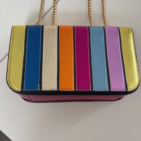 Vibrant Color Contrast Striped Shoulder Bag with Gold Chain, New - Picture 5 of 12